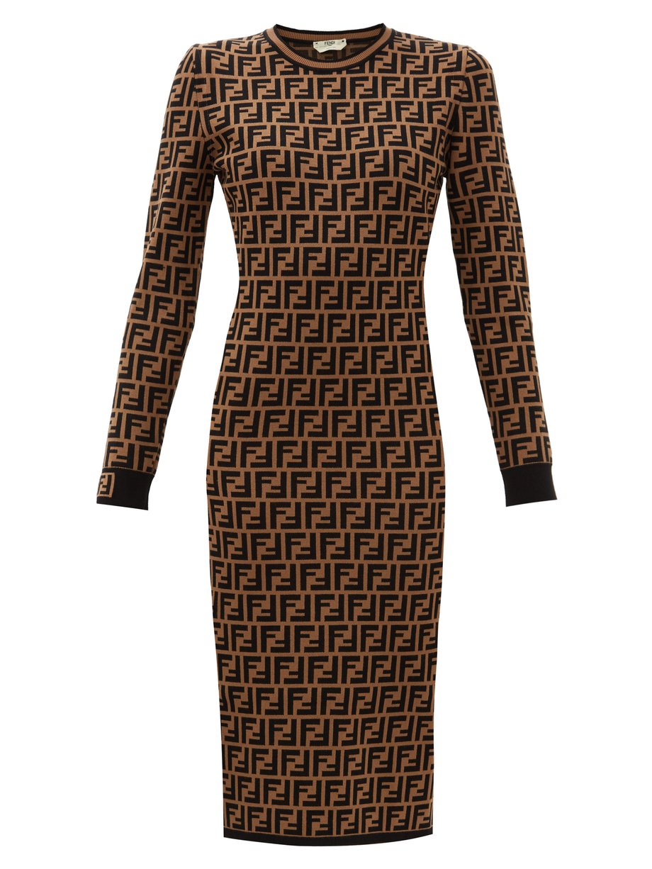 Brown FF-logo jacquard sweater dress 