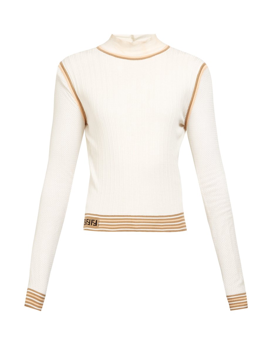 Mesh-sleeve knitted silk top White 