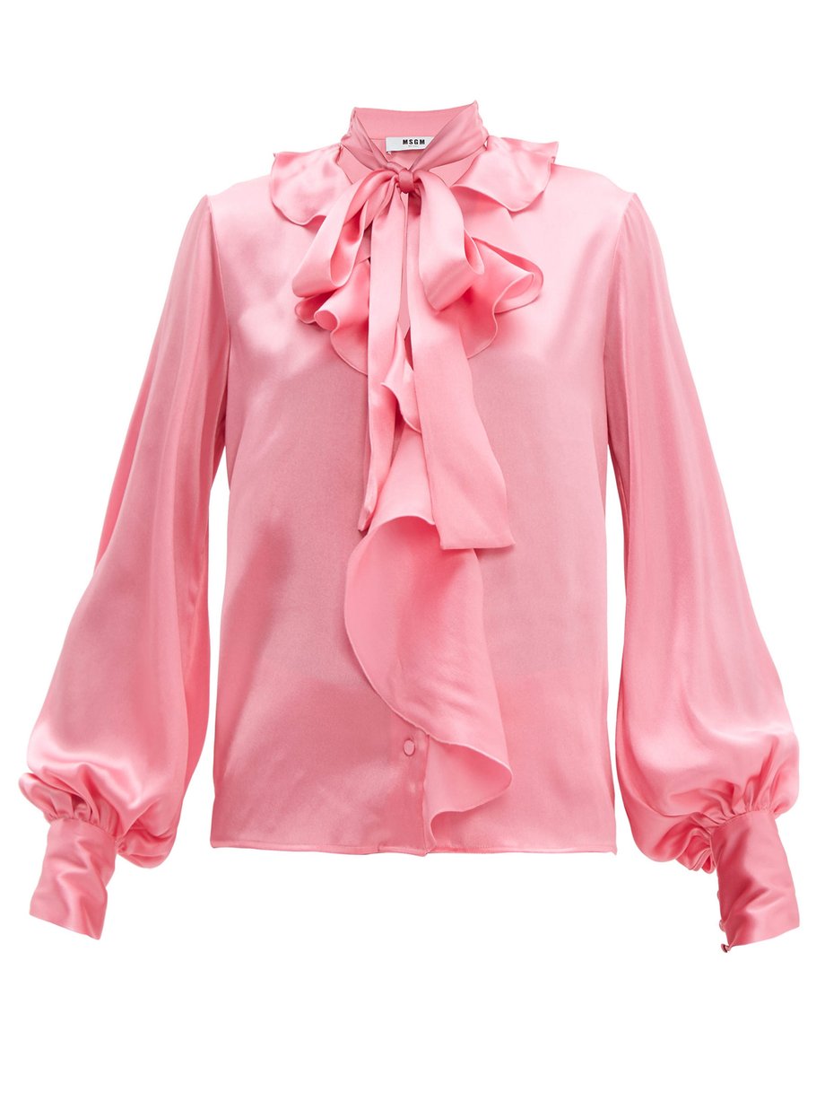 Pink Ruffled pussy-bow satin blouse | MSGM | MATCHESFASHION US