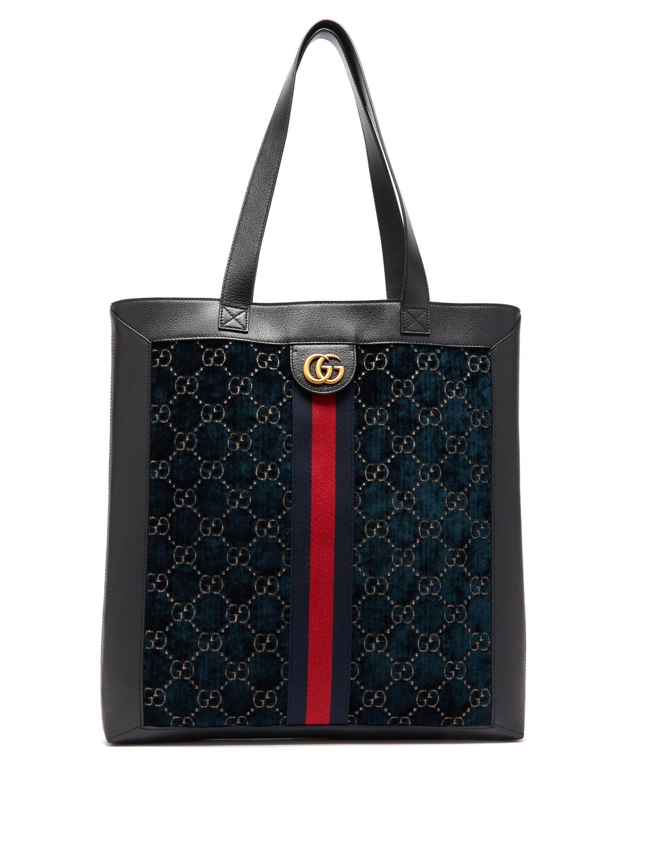 GG velvet and leather tote bag Blue 