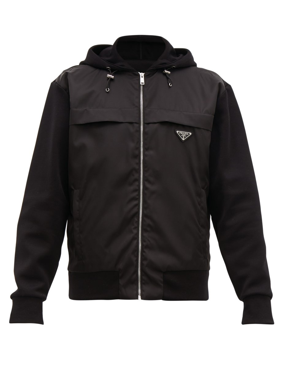 Black Nylon-panel zip-through cotton hooded sweatshirt | Prada ...