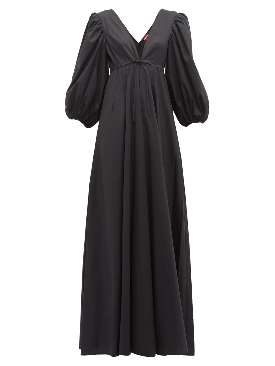 Black Amaretti puff-sleeve cotton-poplin maxi dress | Staud ...