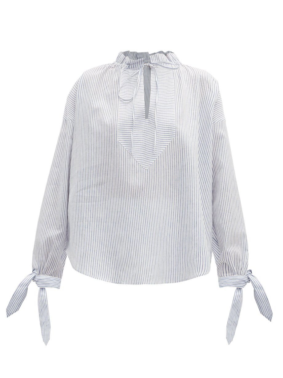 Belize Blue Nika tie-neck striped linen-blend blouse | 매치스패션, 모던 럭셔리 온라인 쇼핑