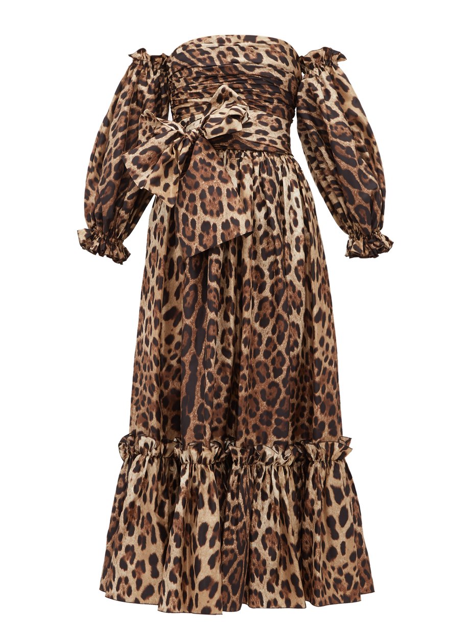 Metallic Detachable puffed-sleeve leopard-print midi dress | Dolce ...