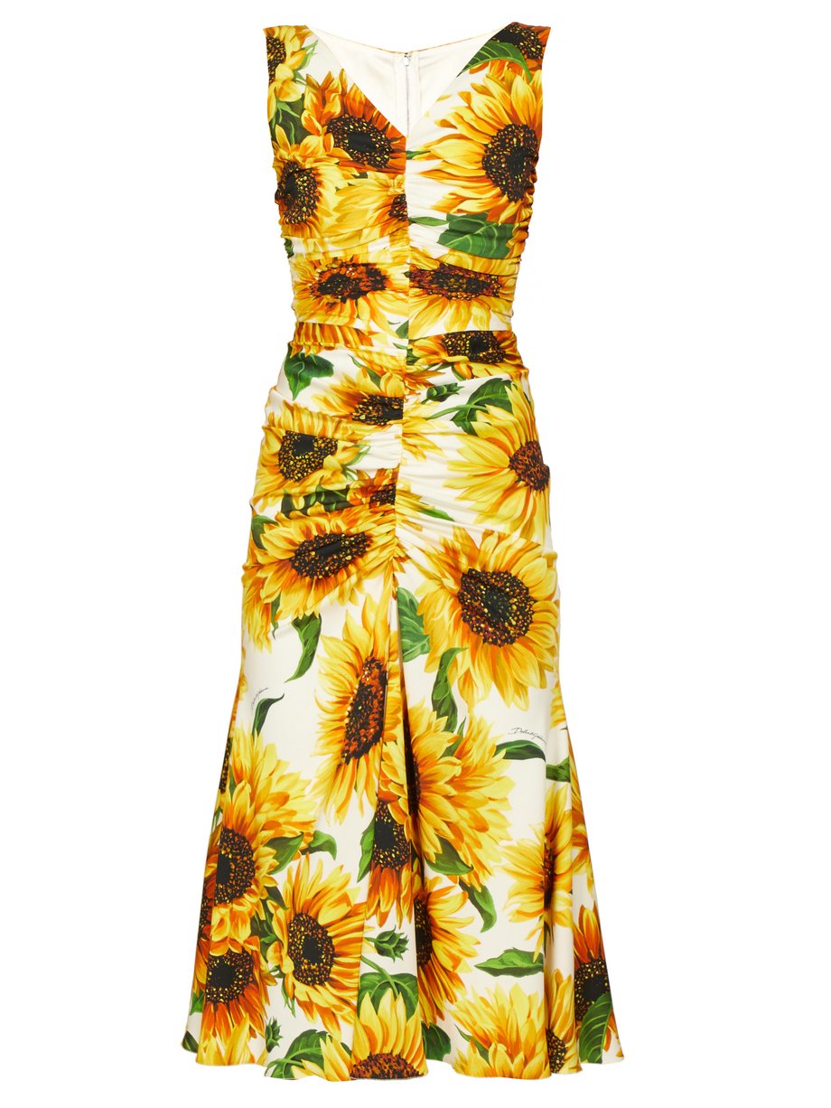 Sunflower-print gathered midi dress 