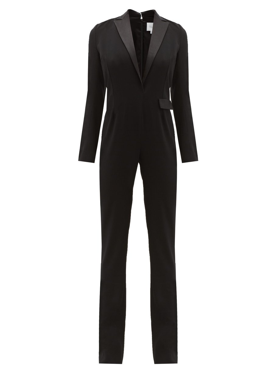 Black Berlin satin-trimmed crepe tuxedo jumpsuit | Galvan ...