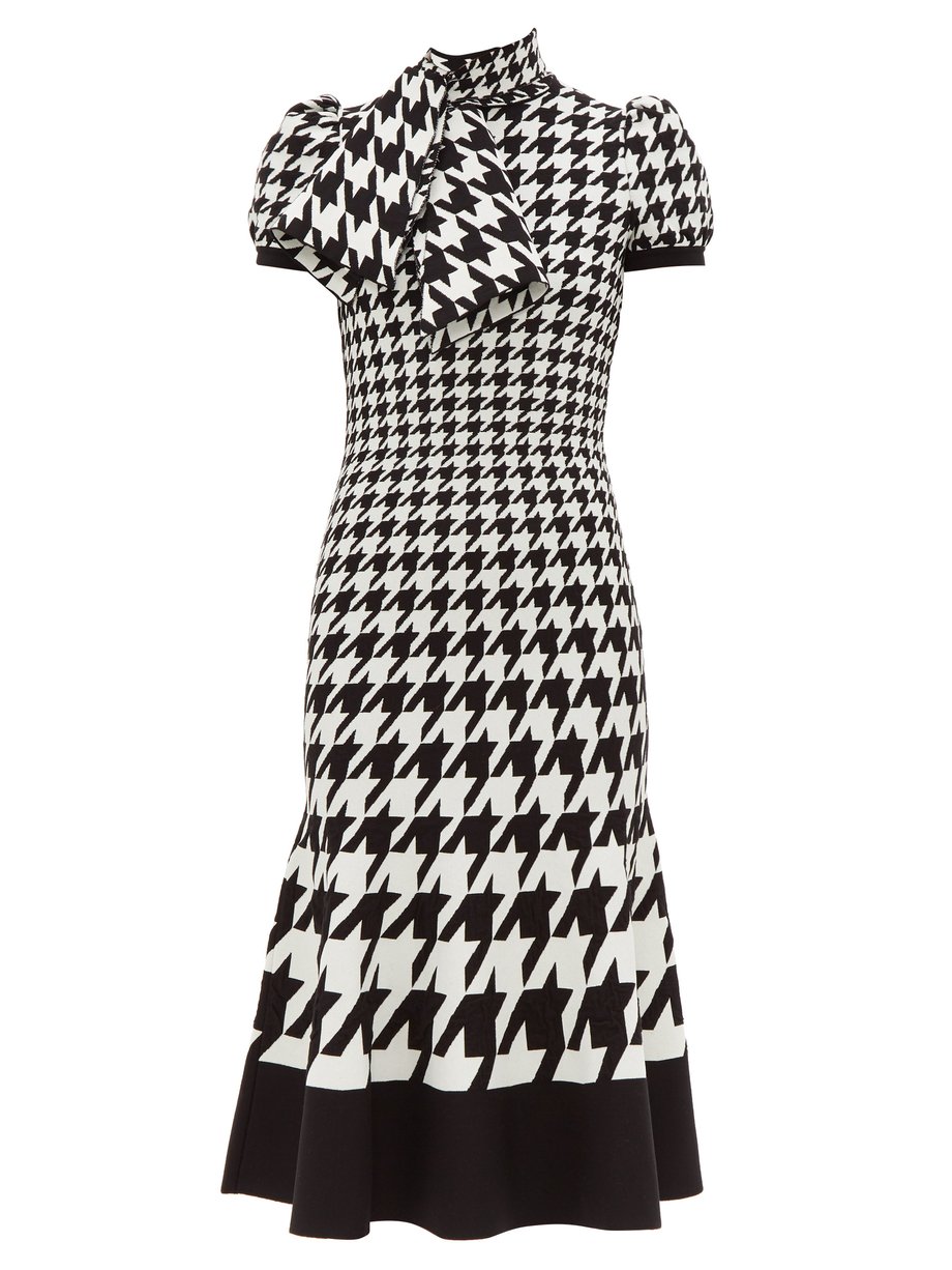 Black Houndstooth-jacquard pussy-bow knitted dress | Alexander McQueen ...