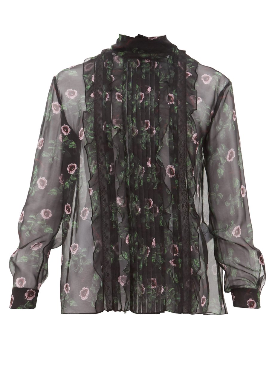 Print Lip floral-print pleated silk-chiffon blouse | Valentino ...