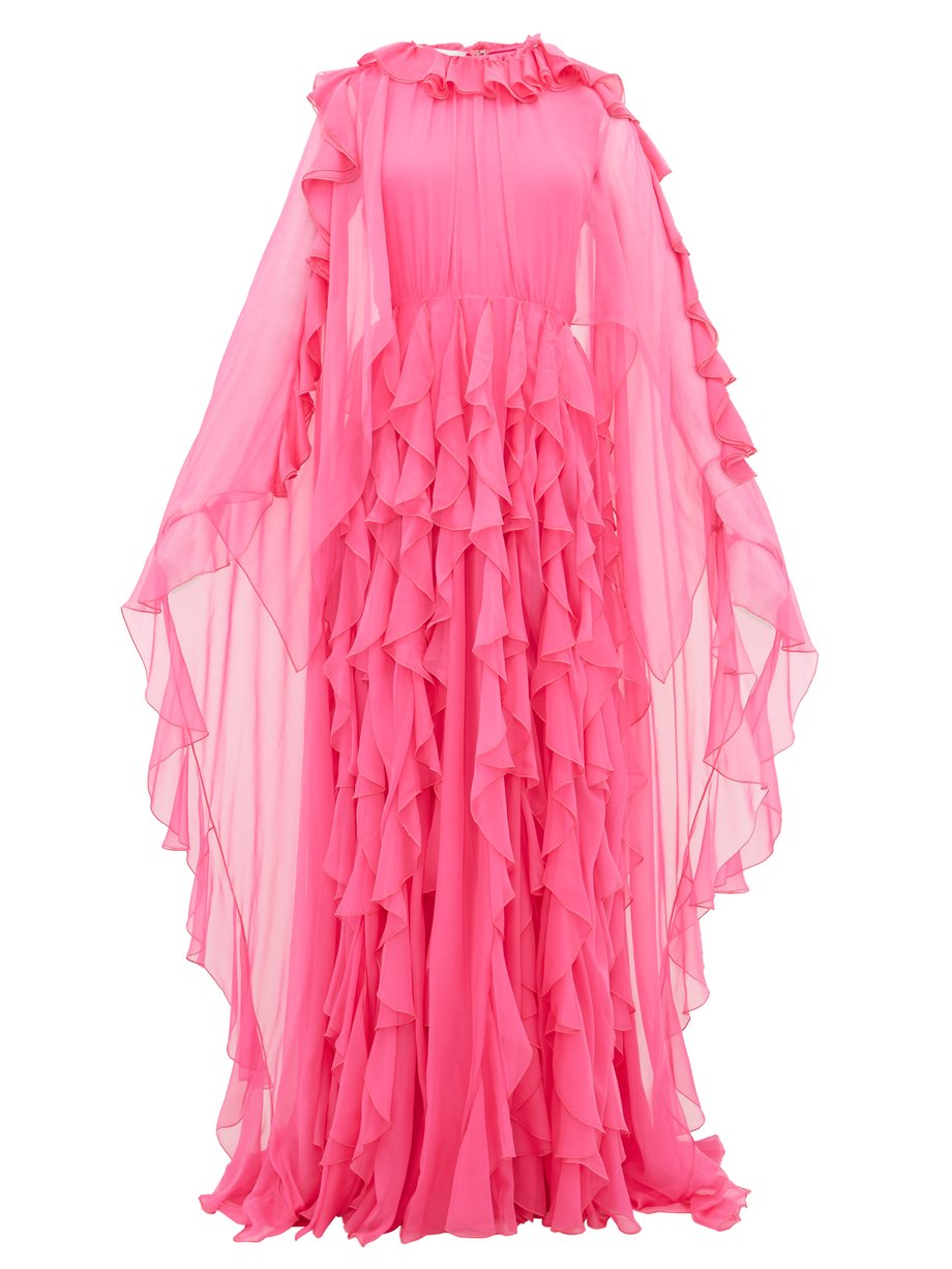 Pink Ruffle-collar cape-sleeve silk-chiffon gown | Valentino ...