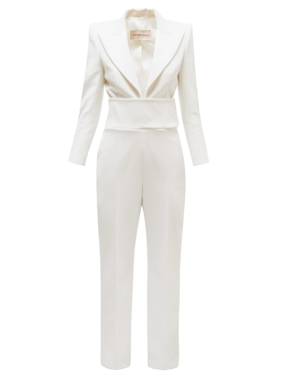 Plunge-front tailored wool-crepe jumpsuit White Alexandre Vauthier ...