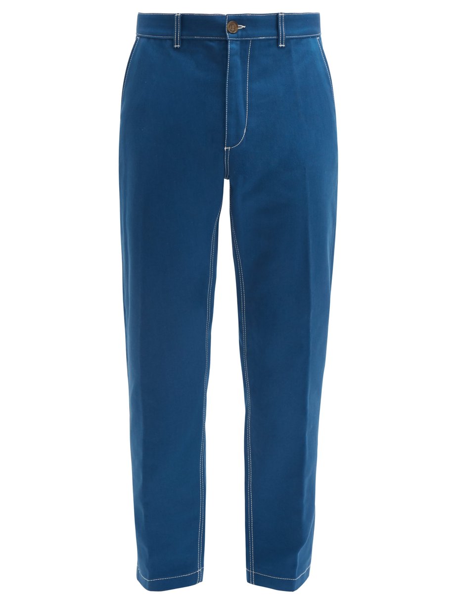 Blue Topstitched cotton-twill slim-leg chino trousers | Umit Benan ...