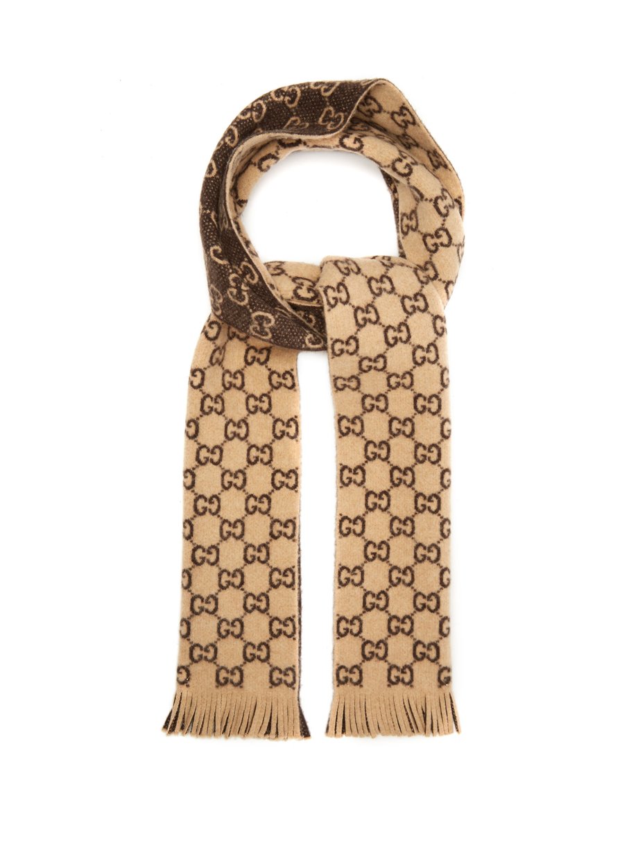 Brown GG-jacquard wool scarf | Gucci 