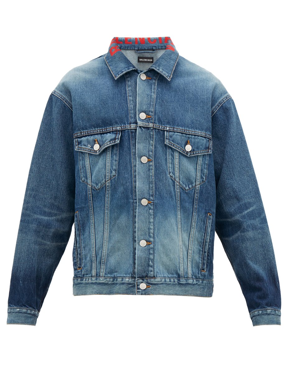 Tordenvejr konsensus Egenskab Blue Logo-embroidered collar cotton-denim jacket | Balenciaga |  MATCHESFASHION UK