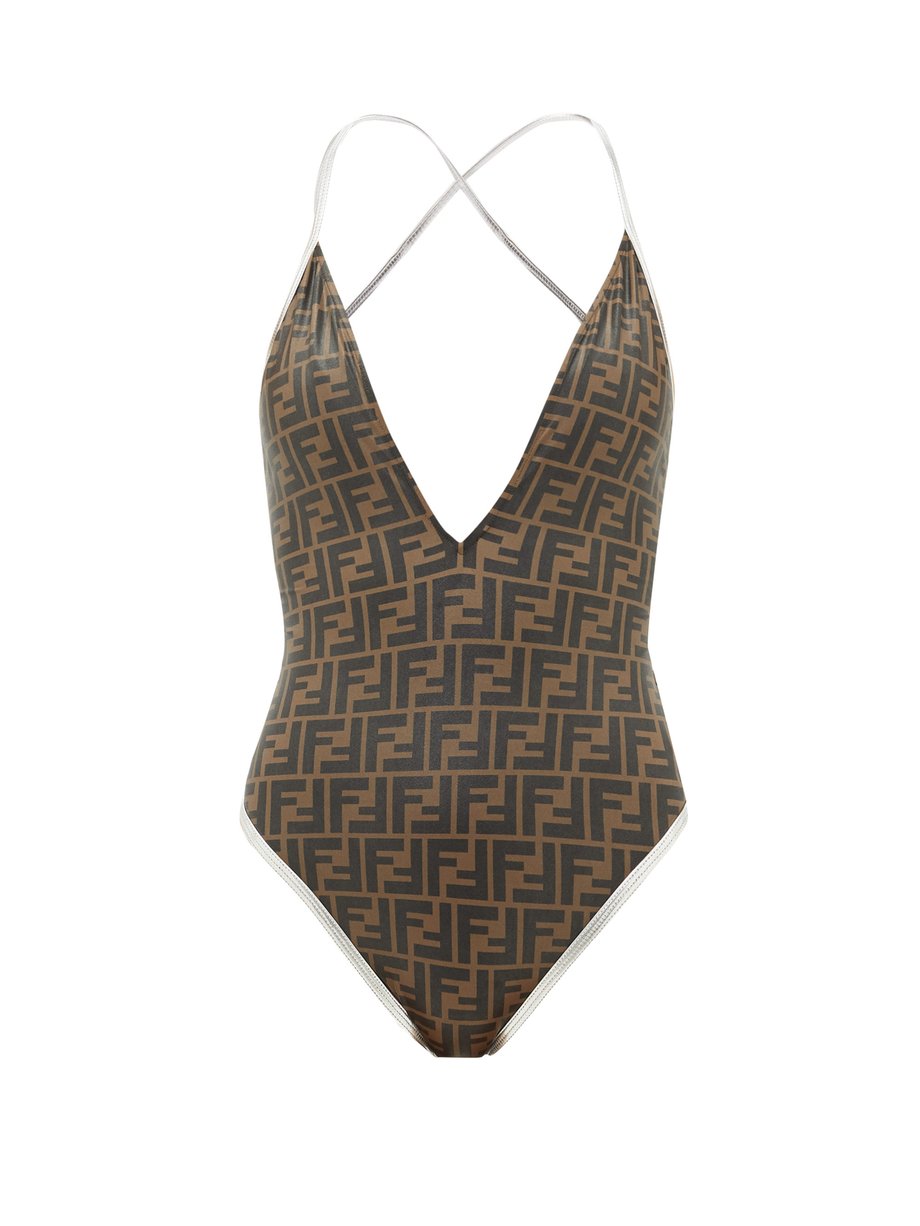 Brown V-neck FF-logo swimsuit | Fendi | MATCHESFASHION UK