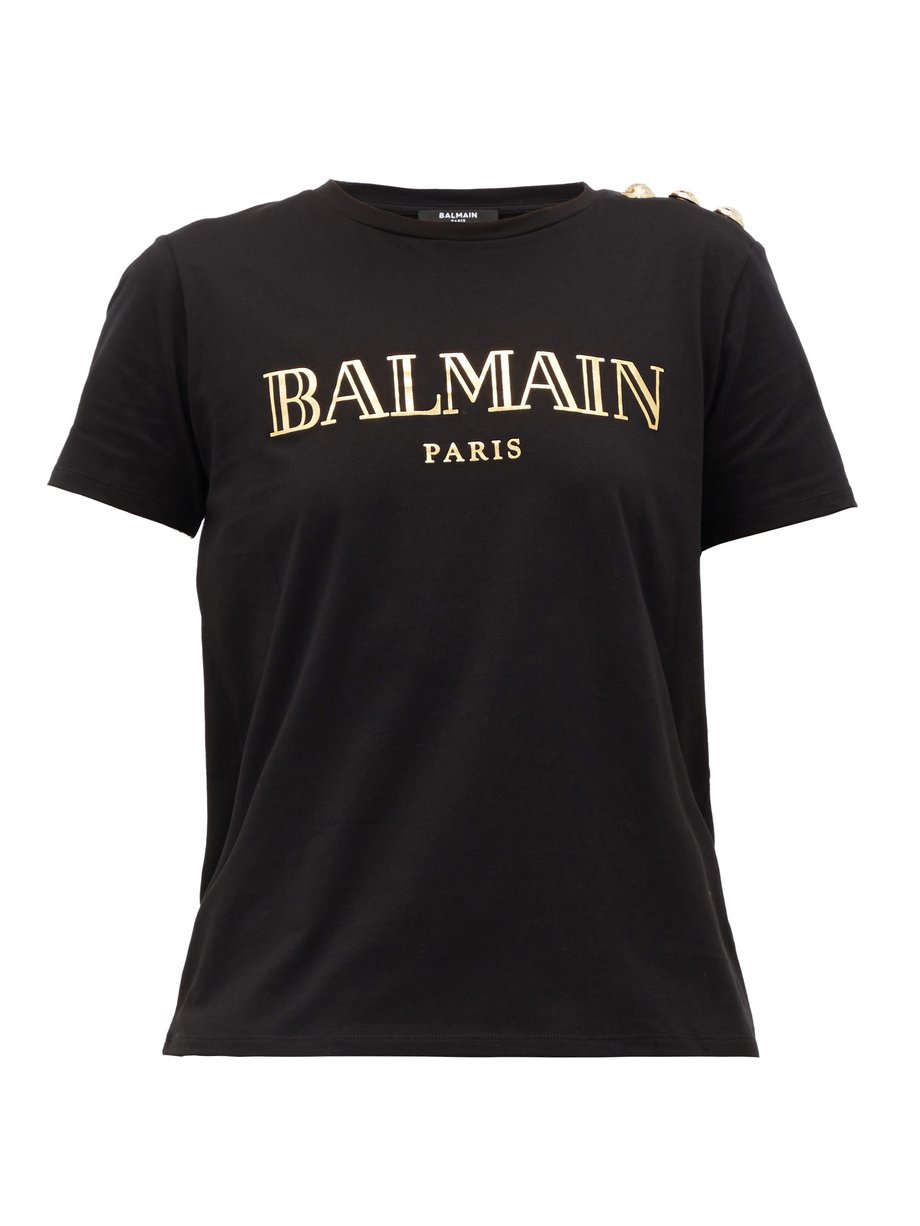 Black Buttoned-shoulder logo-print cotton T-shirt | Balmain ...