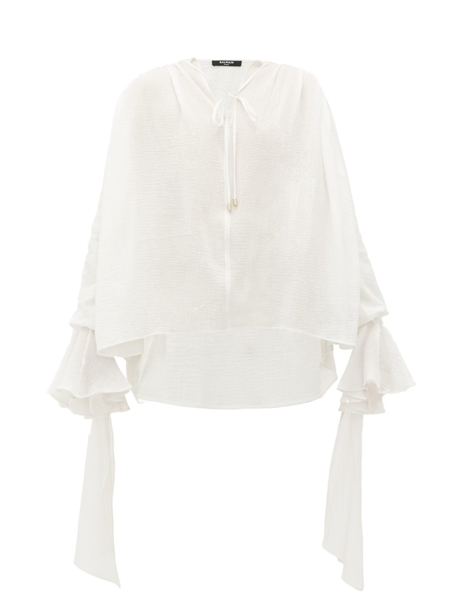White Gathered-cuff cotton blouse | Balmain | MATCHESFASHION US