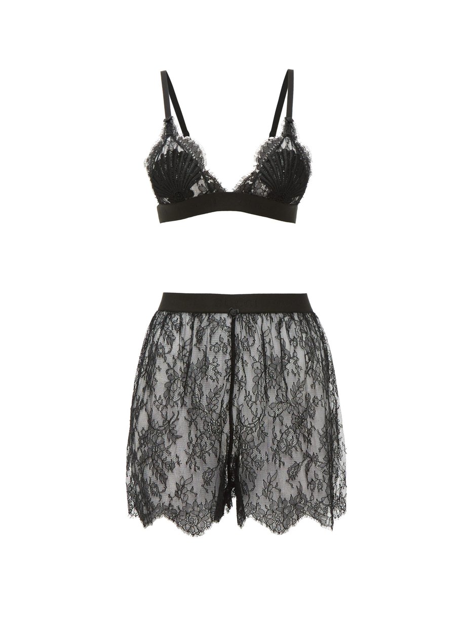 Black Flower lace shell bra and high-rise briefs | Gucci ...