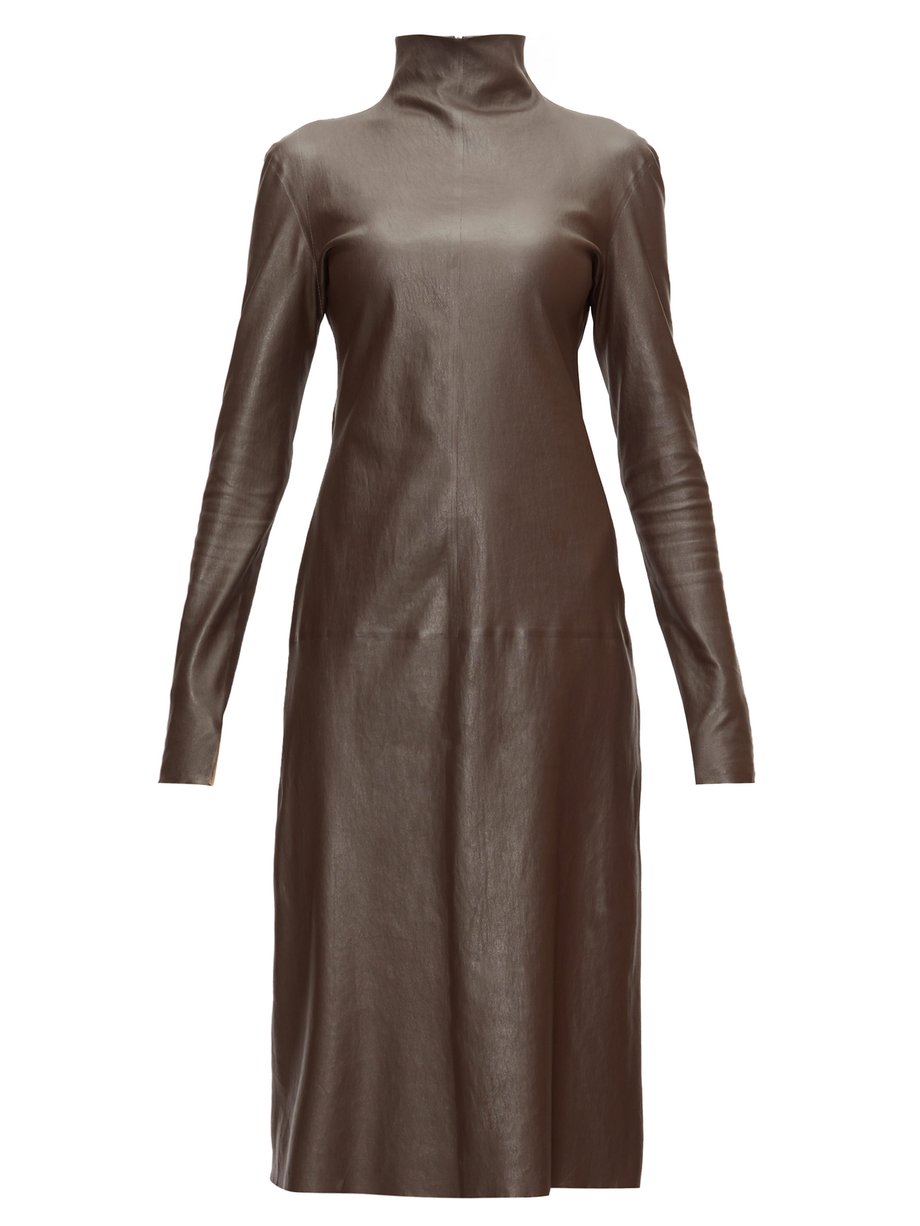 Brown High-neck leather midi dress | Bottega Veneta | MATCHESFASHION US