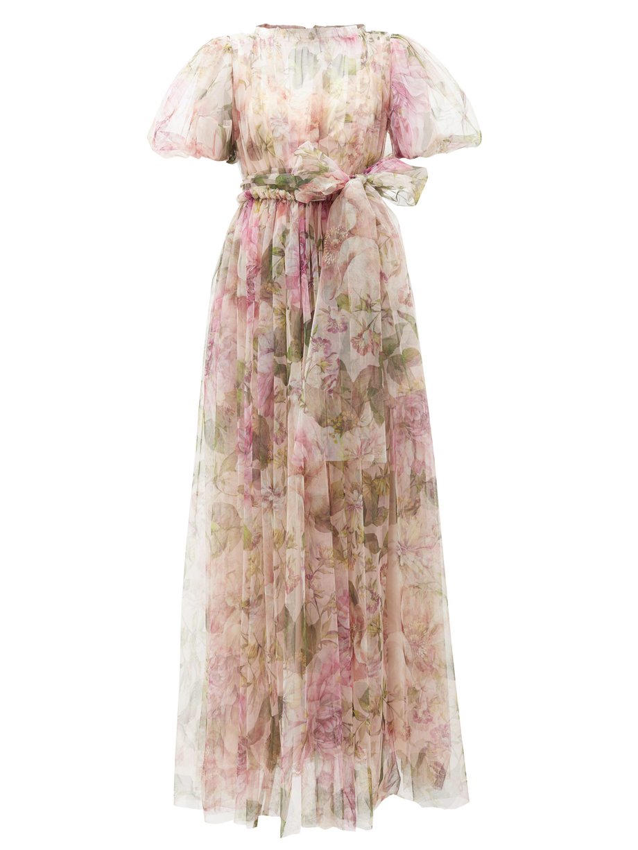 Pink Peony-print fuff-sleeve tulle gown | Dolce & Gabbana ...