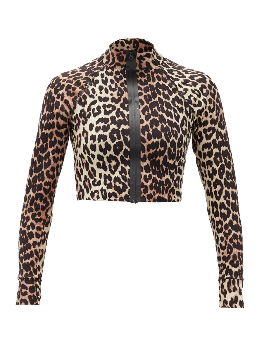 Print Zip-front leopard-print stretch-jersey rash guard | Ganni ...