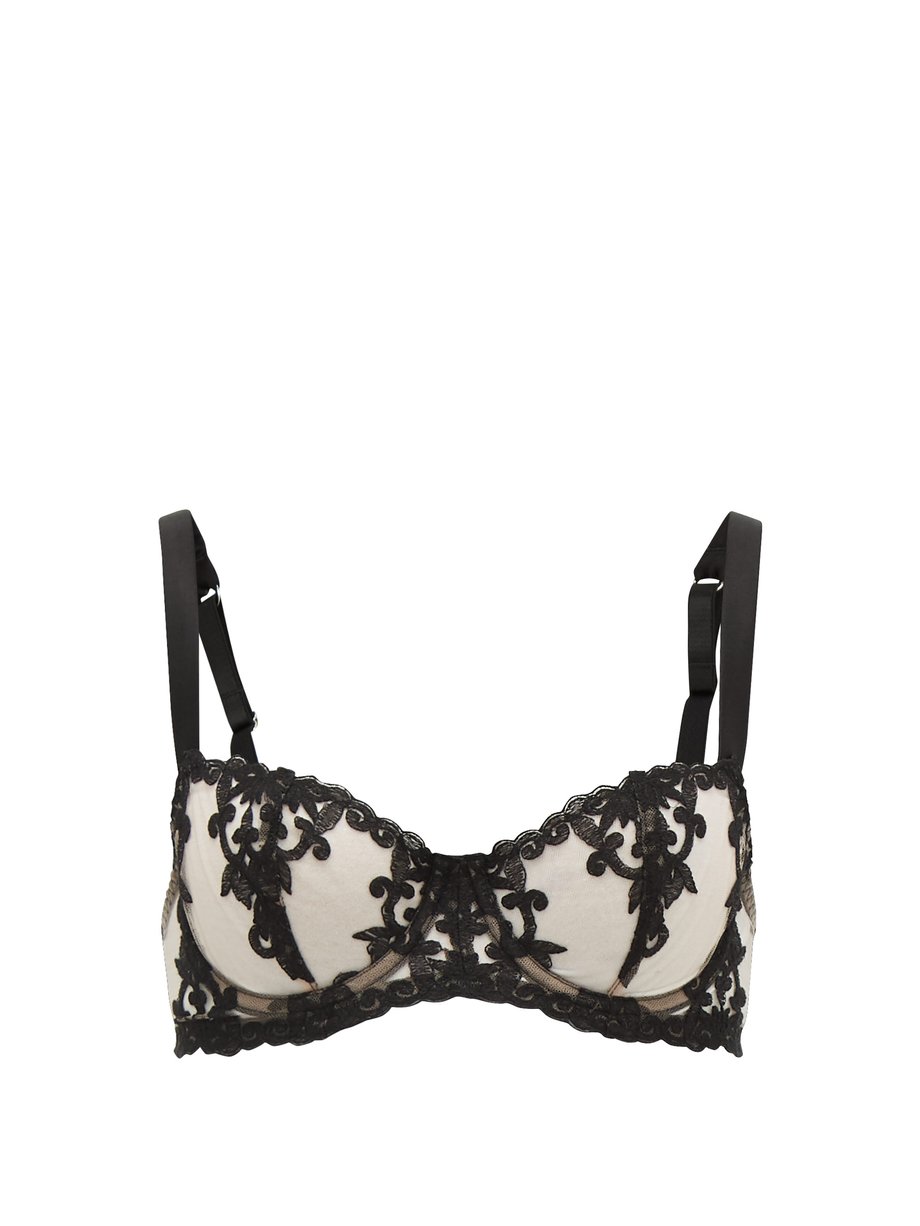Fleur of England Black Onyx lace-embroidered mesh underwired bra | 매치스 ...