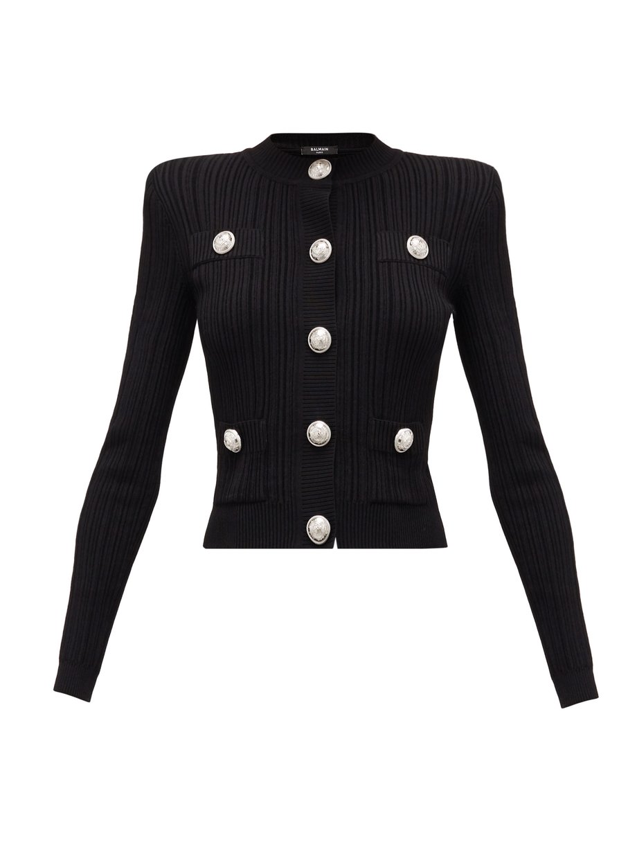 Black Blason-button rib-knitted cardigan | Balmain | MATCHESFASHION US