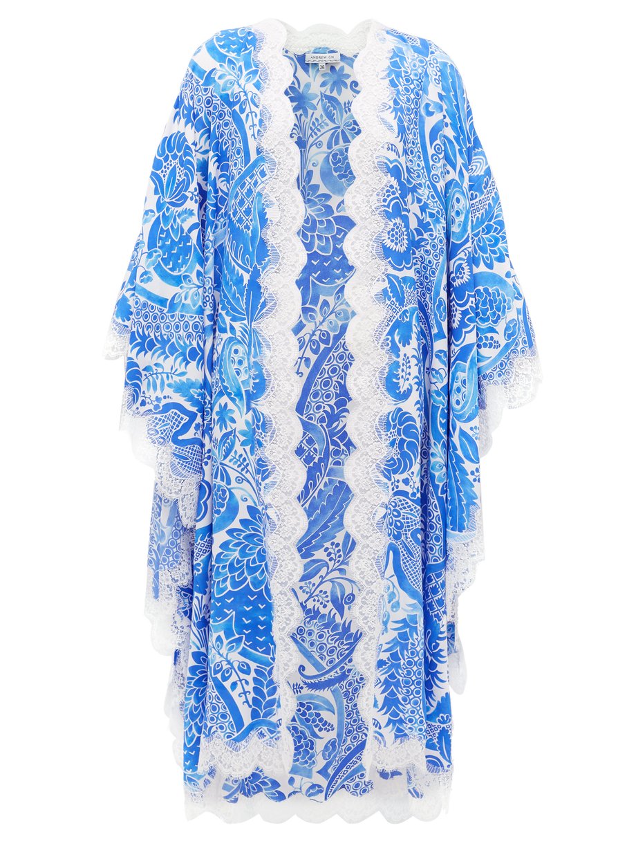 Blue Floral-print lace-edge silk robe | Andrew Gn | MATCHESFASHION UK
