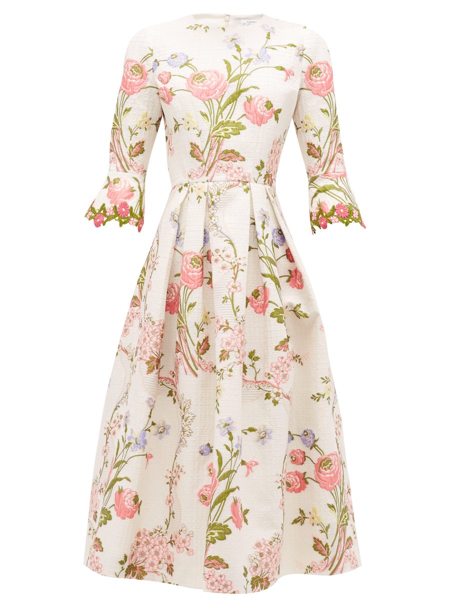 White Fluted-sleeve floral-jacquard cloqué midi dress | Andrew Gn ...