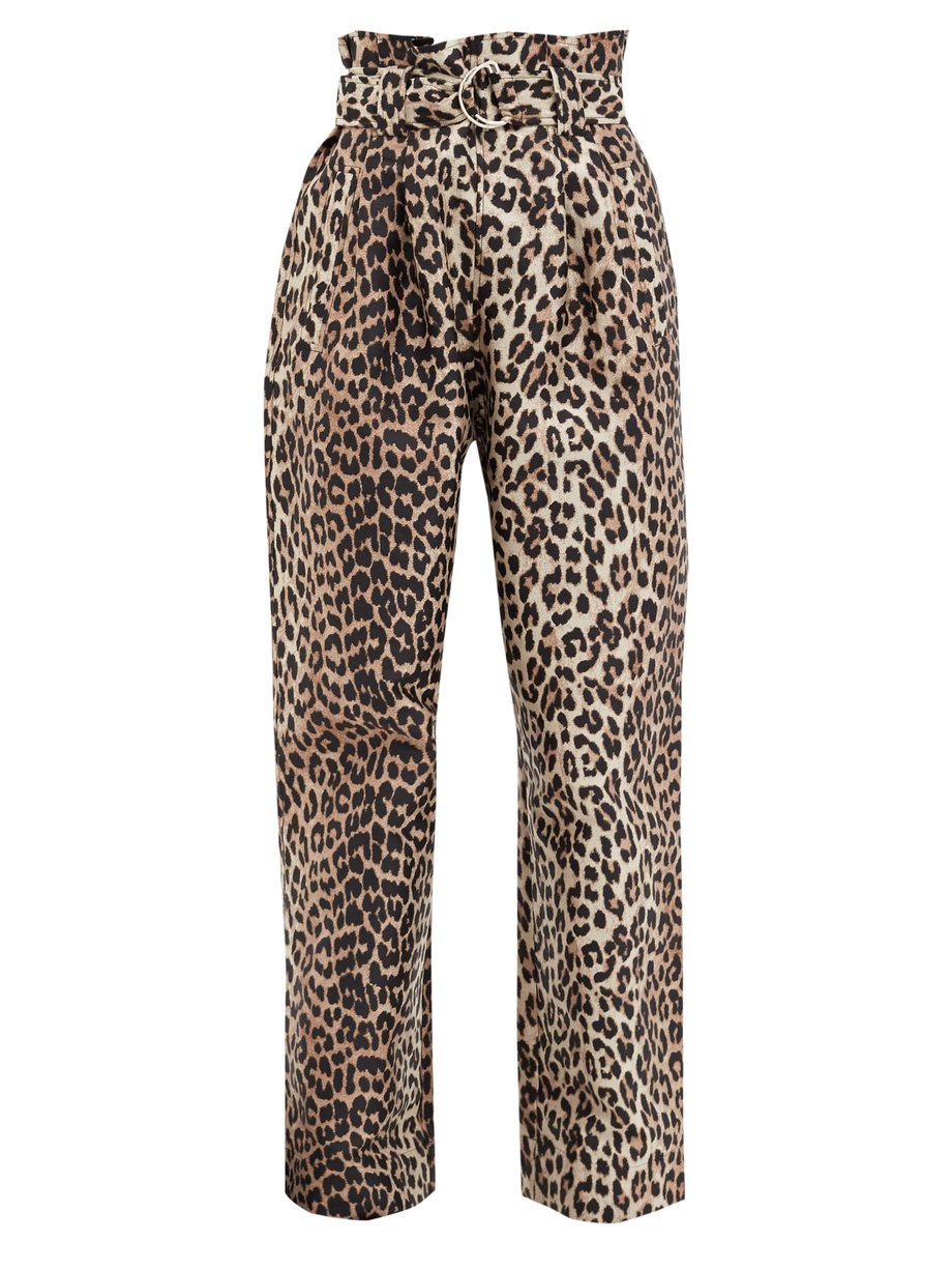 Brown Paperbag-waist leopard-jacquard twill trousers | Ganni ...