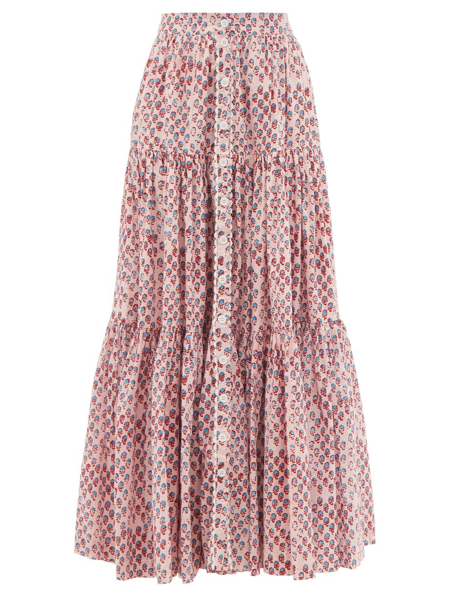 Pink Tiered Flower Block-print cotton-lawn maxi skirt | Wiggy Kit ...