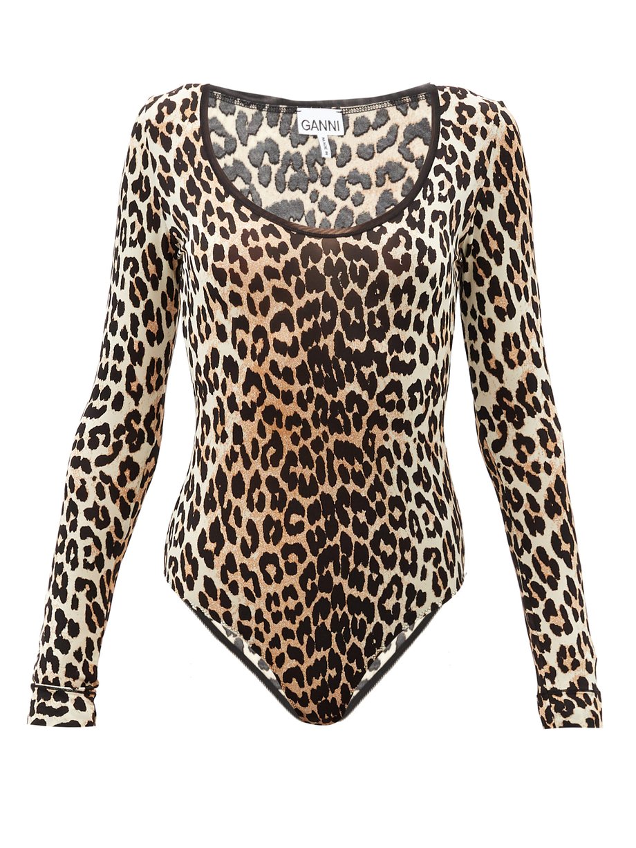 Brown Long-sleeved leopard-print jersey bodysuit | Ganni ...