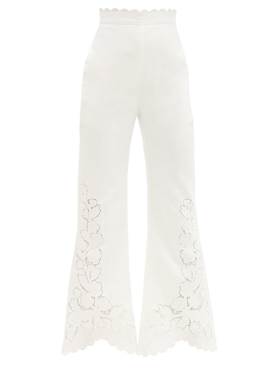 White Carnaby guipure-lace linen flared-leg trousers | Zimmermann ...