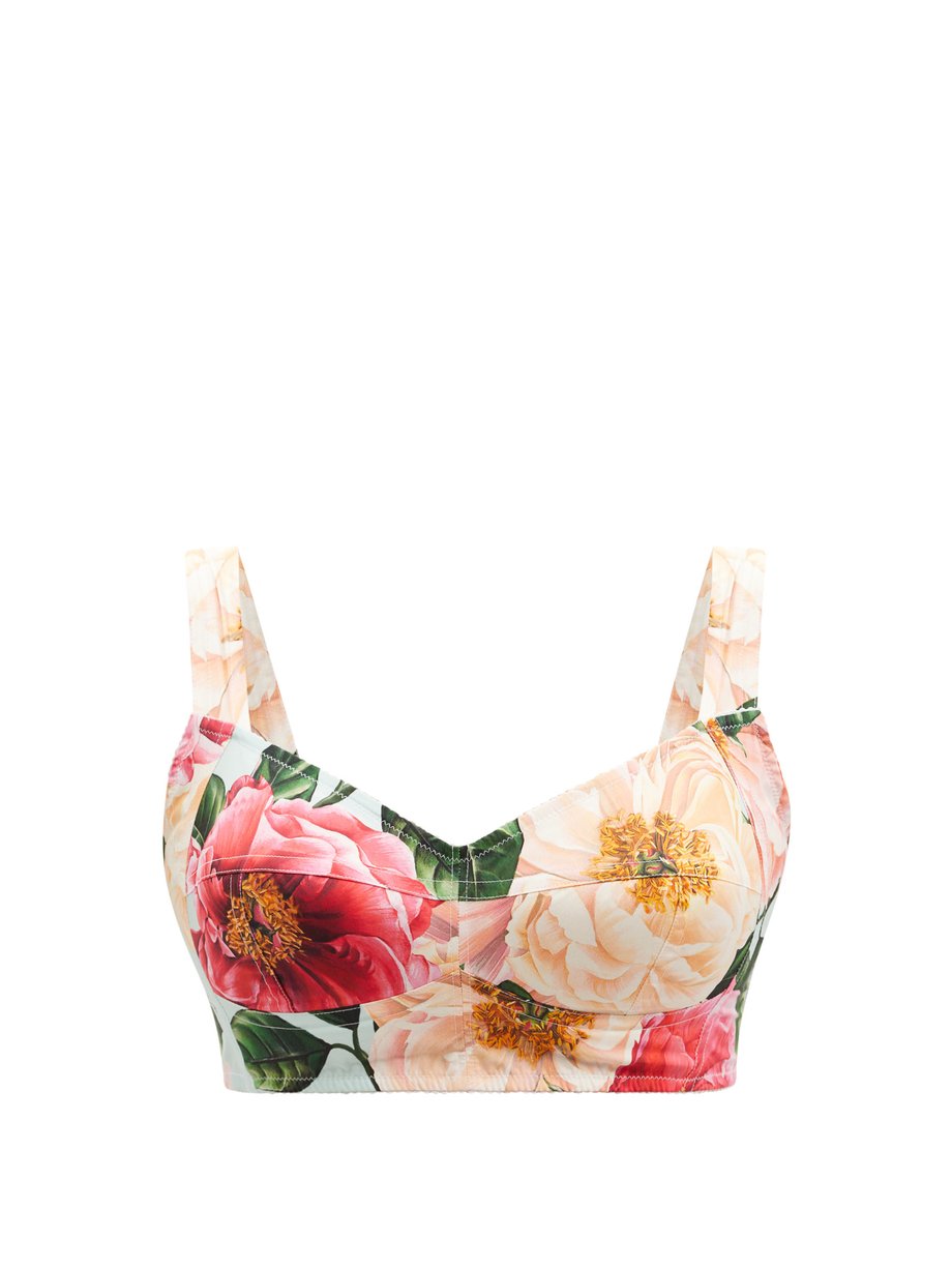 Pink Camelia floral-print cotton bustier cropped top | Dolce & Gabbana ...