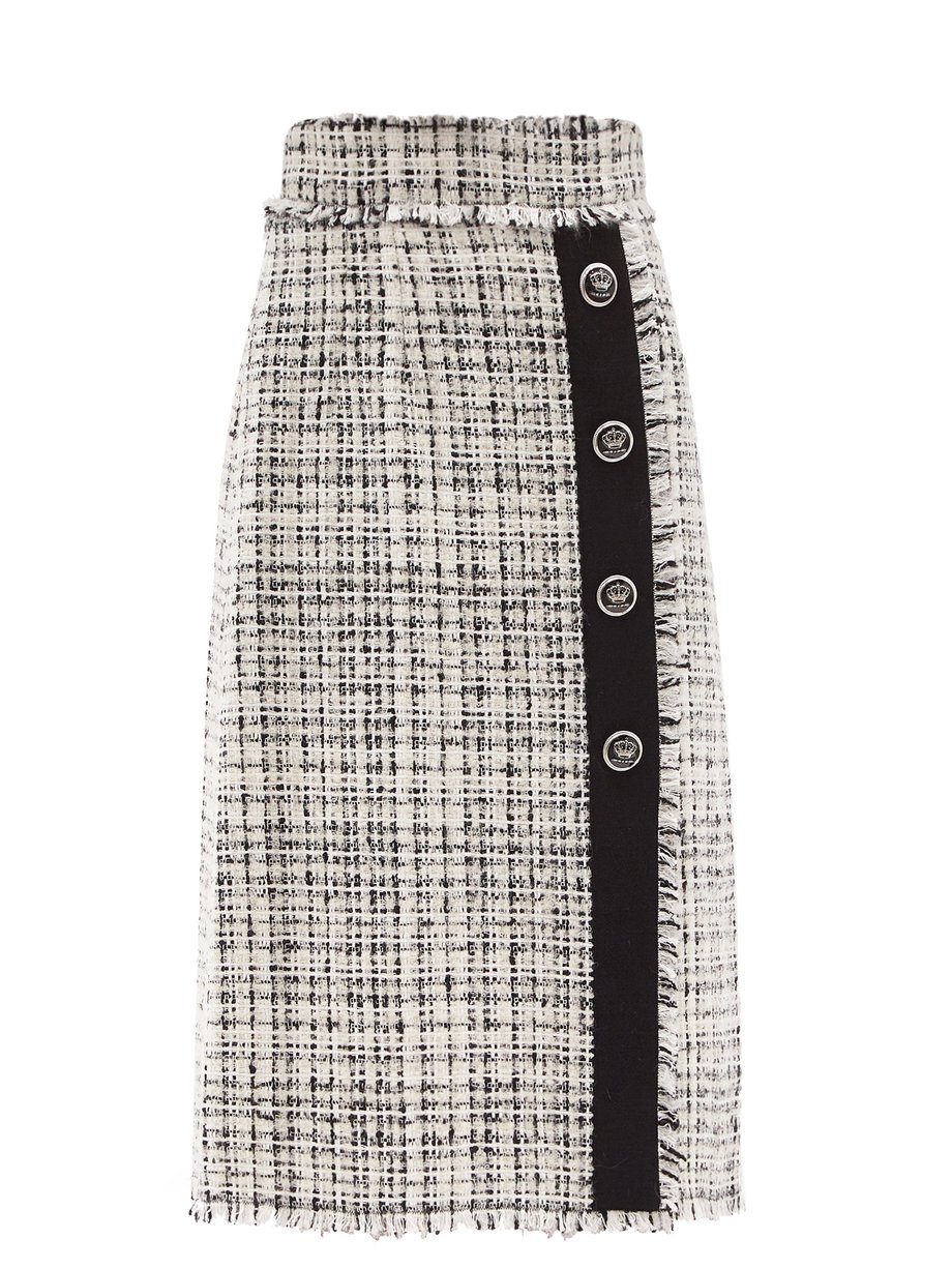 White High-rise wool-tweed midi skirt 