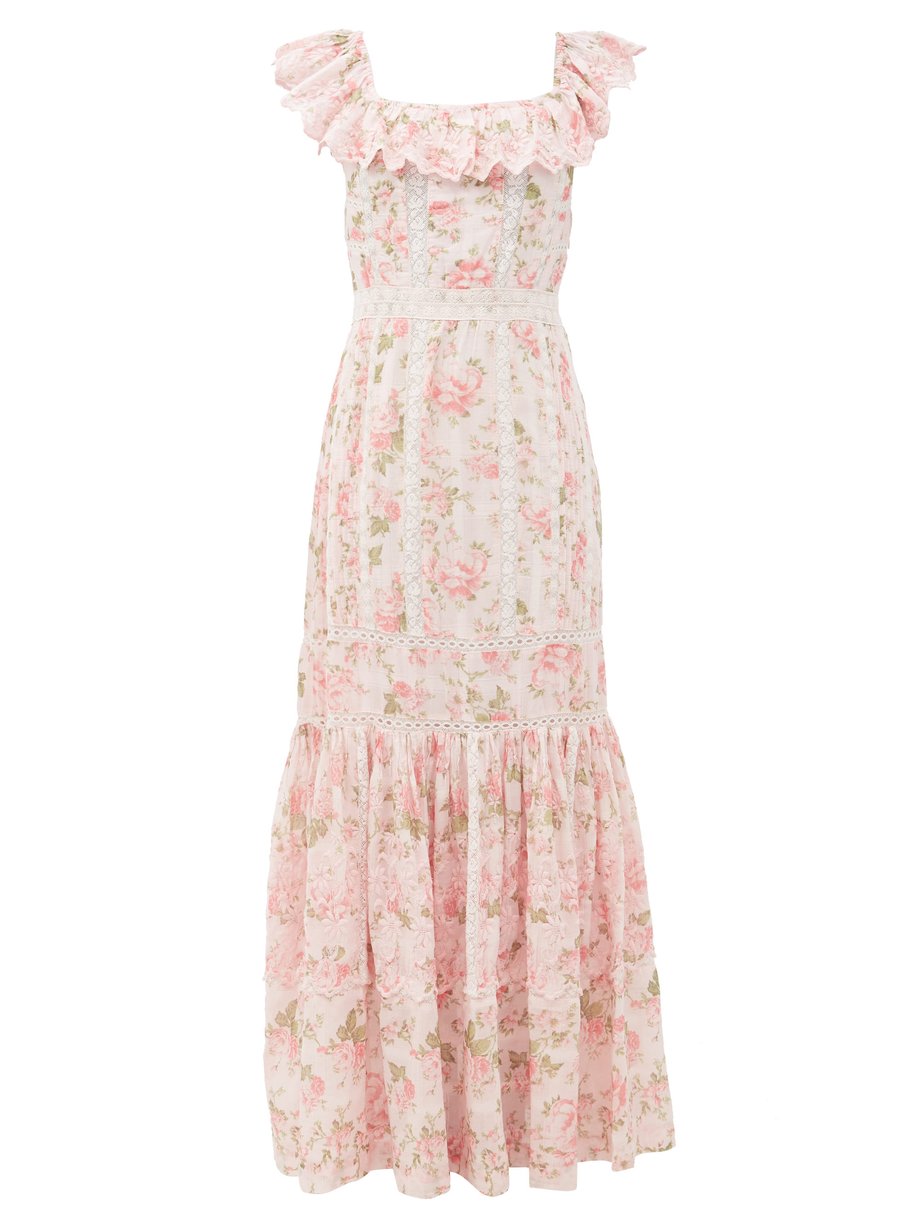 Pink Niko ruffled lace-insert floral-print cotton dress ...