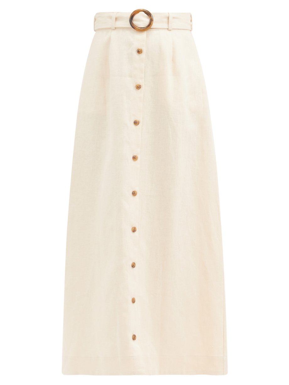 Belted high-rise linen midi skirt White 