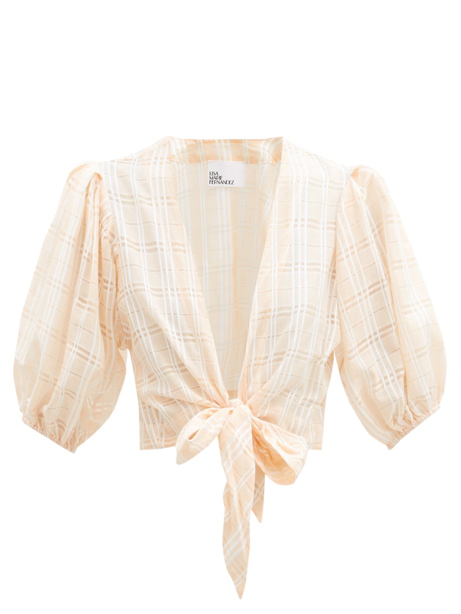 Orange Tie-front puff-sleeve check cotton-blend blouse | Lisa Marie ...