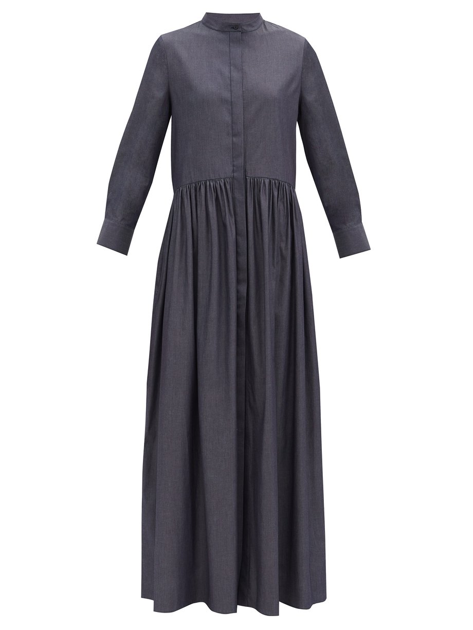Navy Cotton-blend chambray maxi shirt dress | Brock Collection ...