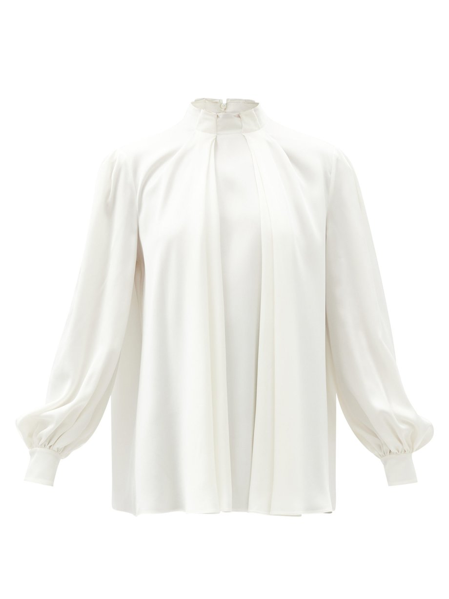 White High-neck pleated silk-satin blouse | Alexander McQueen ...