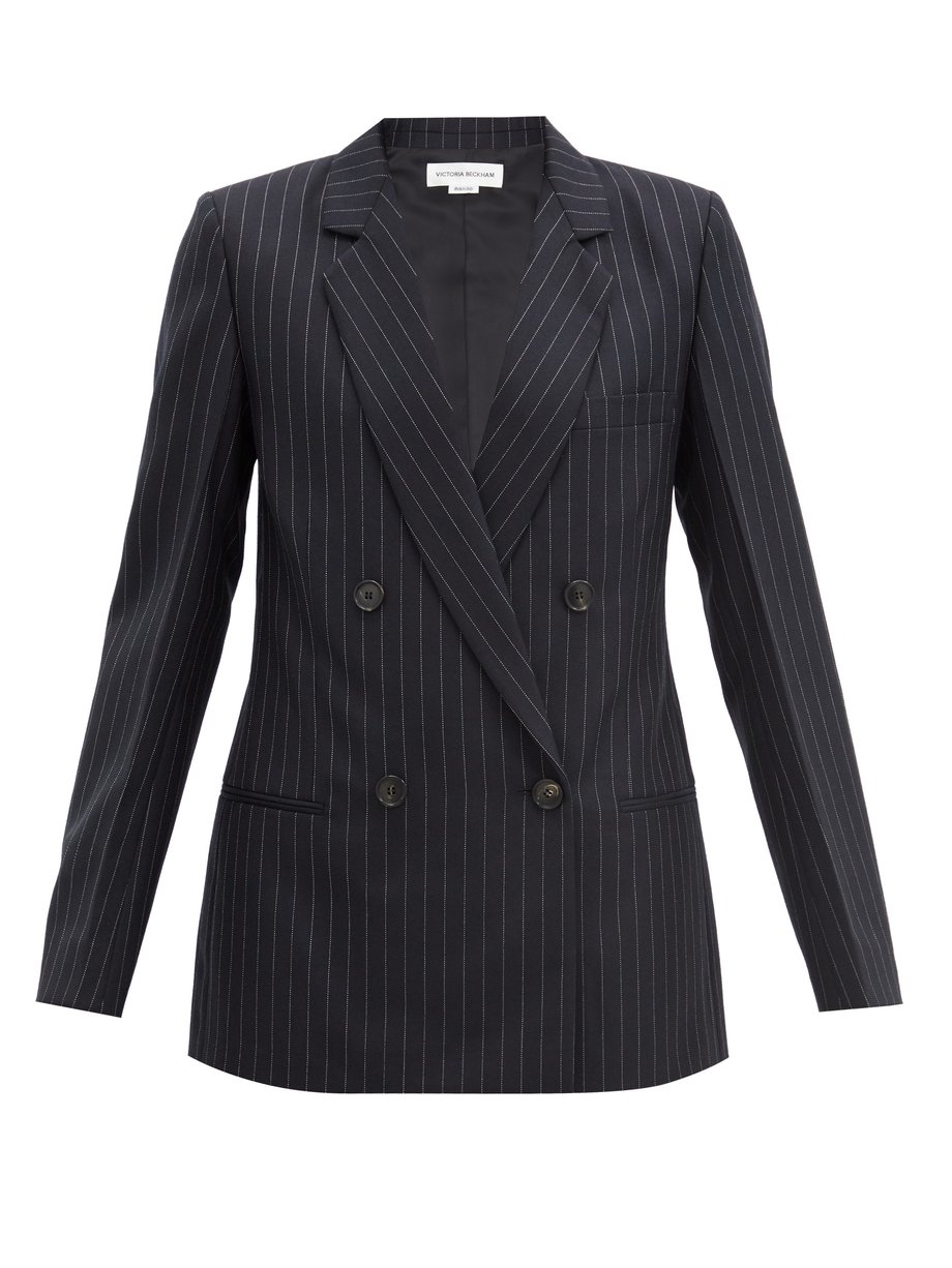 Navy Double-breasted pinstriped wool jacket | Victoria Beckham ...