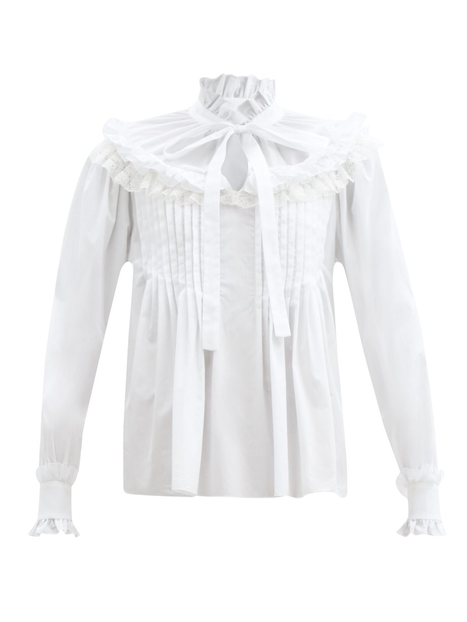 White Ruffled high-neck cotton-blend poplin blouse | Dolce & Gabbana ...