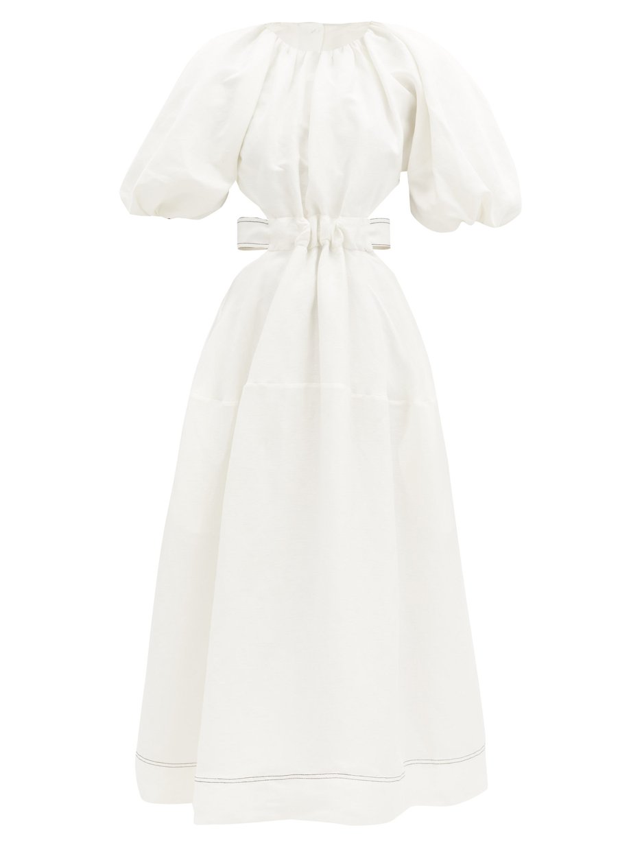 White Mimosa puff-sleeved cutout linen-blend midi dress | Aje ...