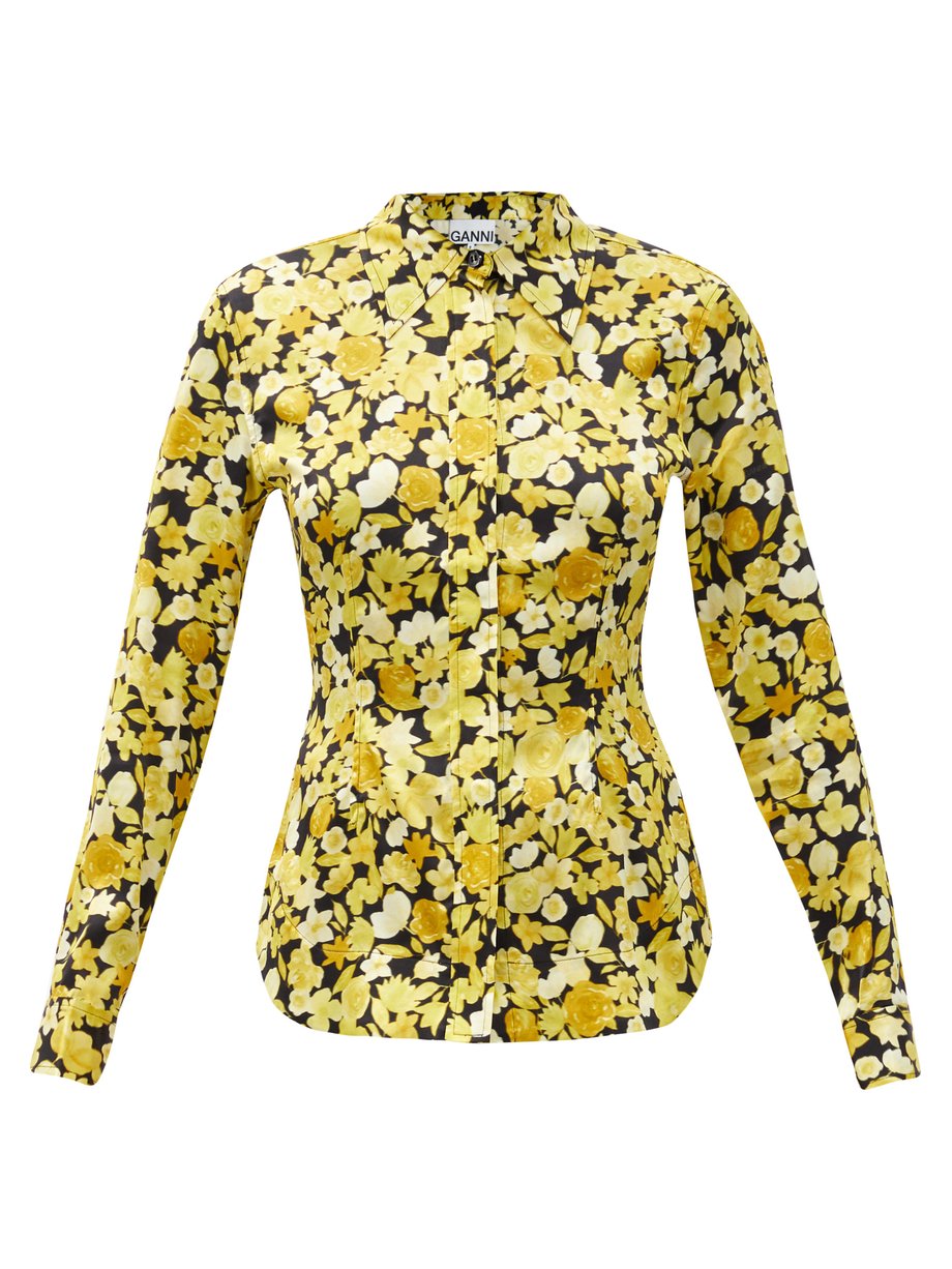 Yellow Floral-print fitted silk-blend blouse | Ganni | MATCHESFASHION US
