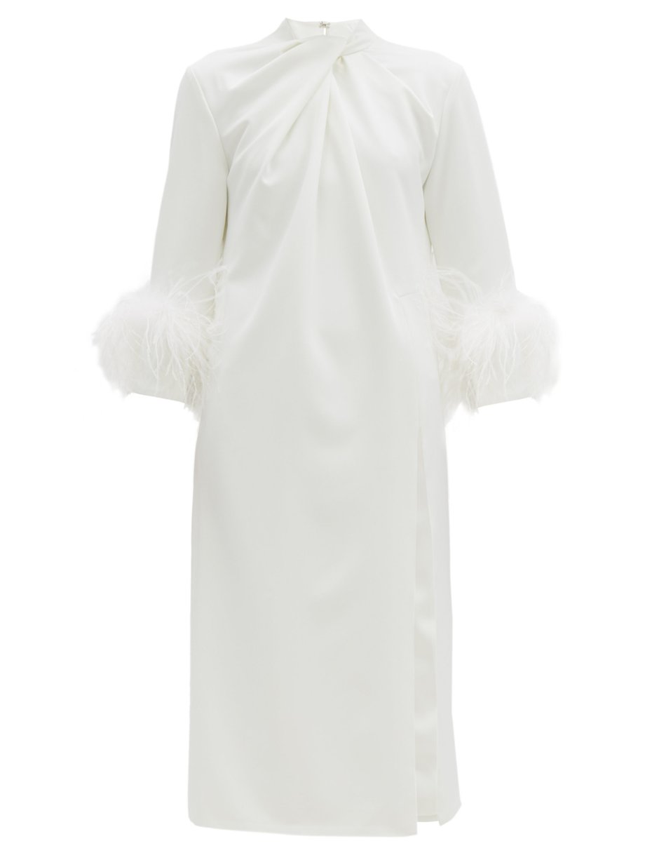 White Fujiko feather-trimmed twist-neck crepe dress | 16Arlington ...