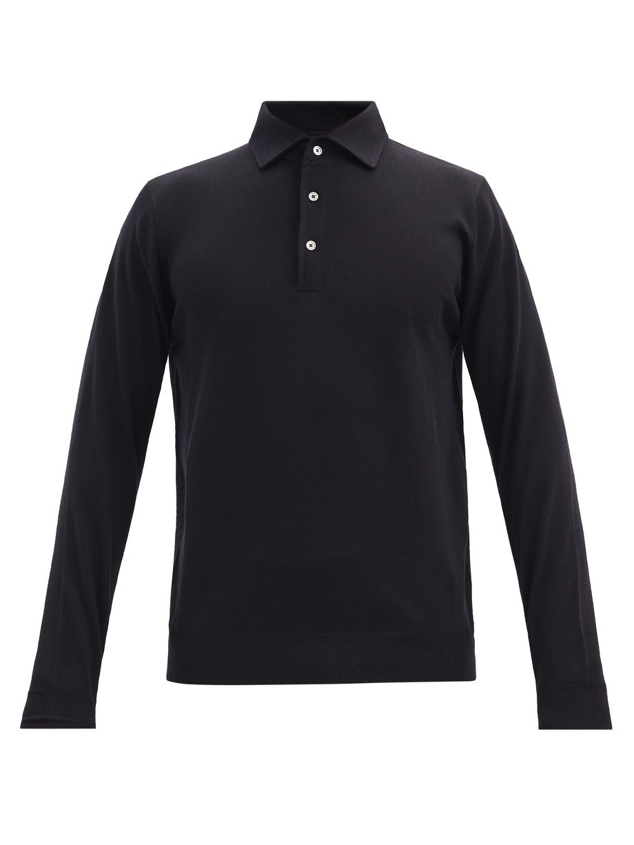 Navy Merino-wool long-sleeved polo shirt | Thom Sweeney | MATCHESFASHION US