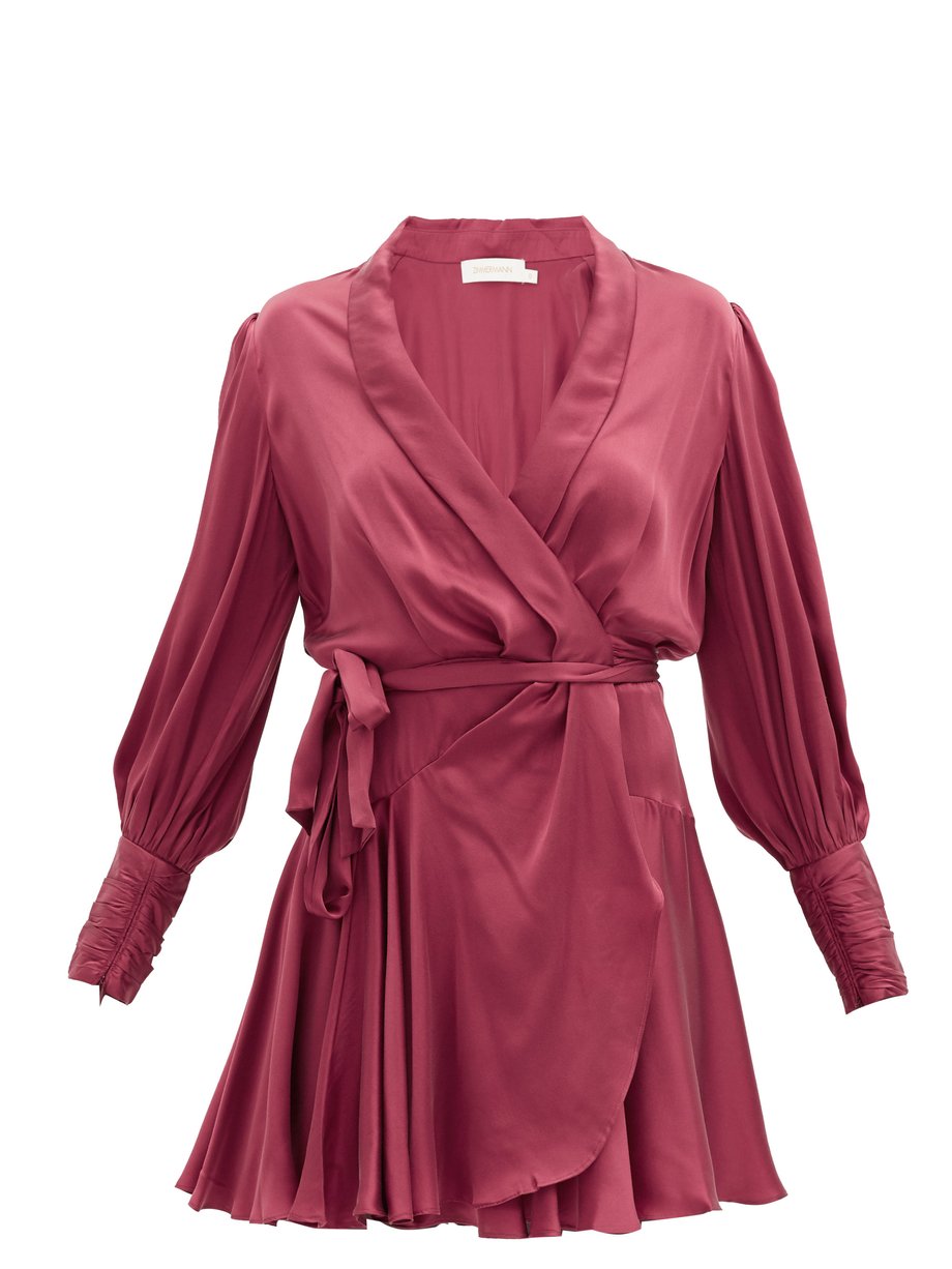 Burgundy Gathered-cuff silk-satin wrap dress | Zimmermann ...