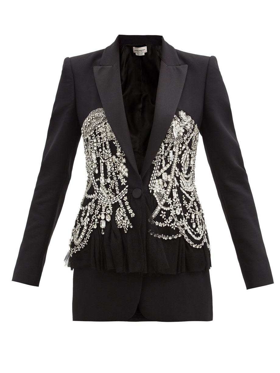 Black Peplum crystal-embellished wool-blend twill jacket | Alexander ...