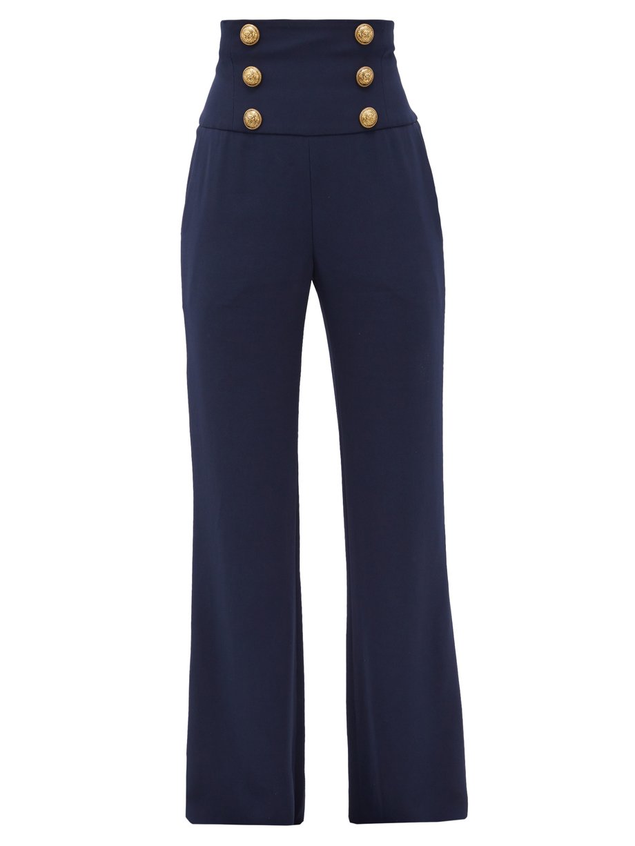 Navy Buttoned crepe wide-leg trousers | Balmain | MATCHESFASHION AU