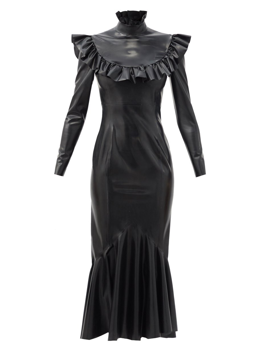 Black Ruffled-collar fluted-hem latex midi dress | Saint Laurent ...