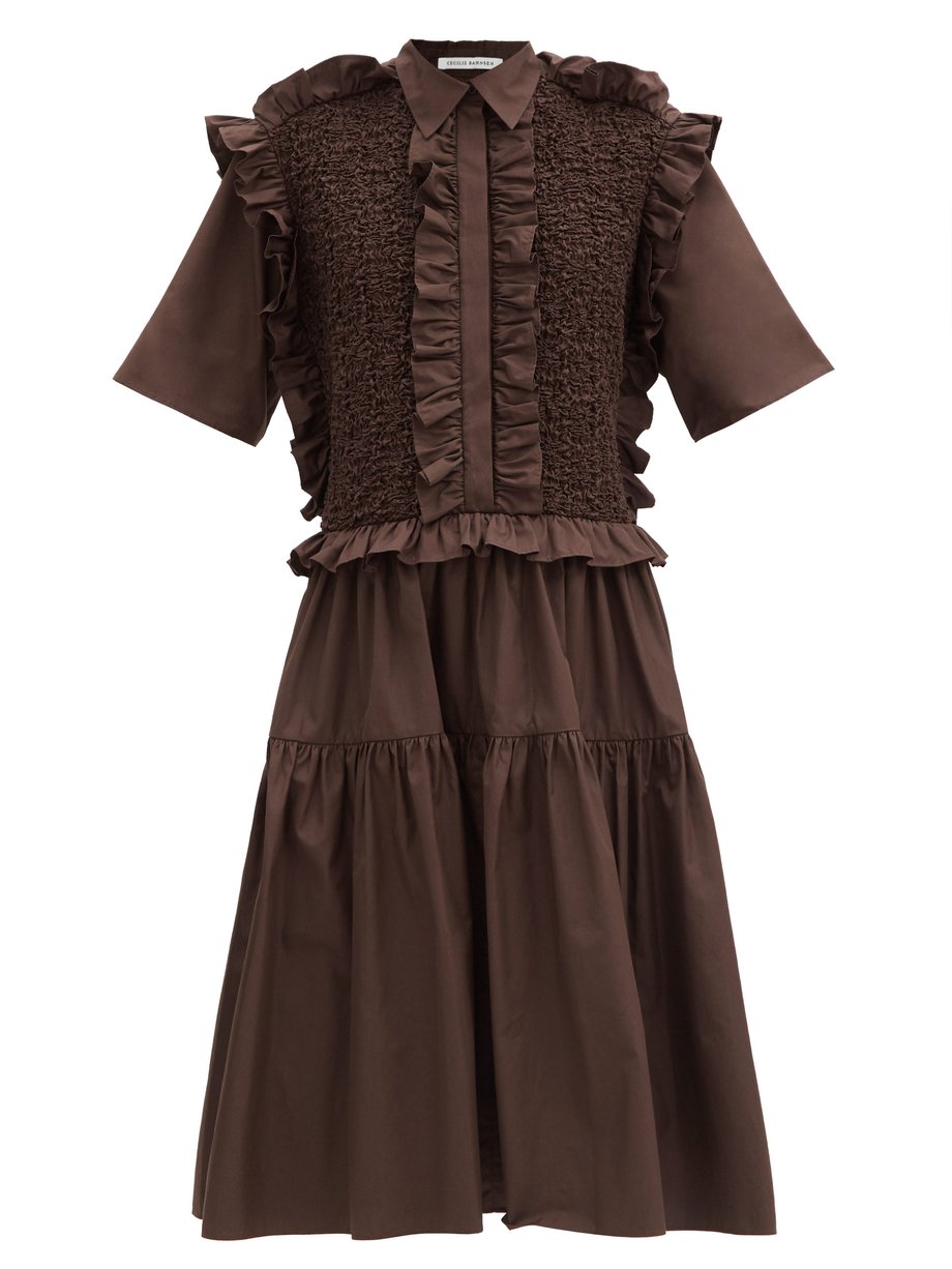 Brown Lydia smocked ruffled cotton-poplin shirt dress | Cecilie Bahnsen ...